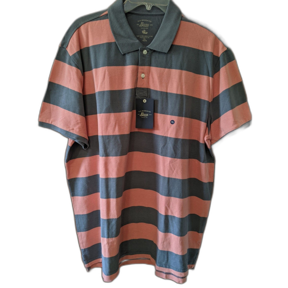 NWT Bass Gray Coral Stripe Polo Shirt Pique Cotton Mens XL Blokecore Normcore